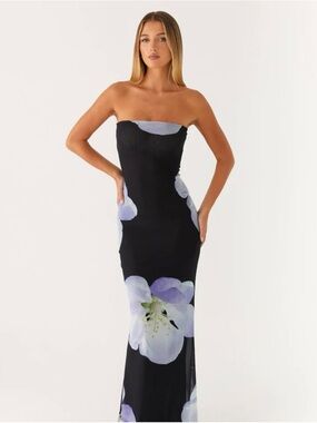 Peppermayo Black Strapless Maxi Dress with Floral Print